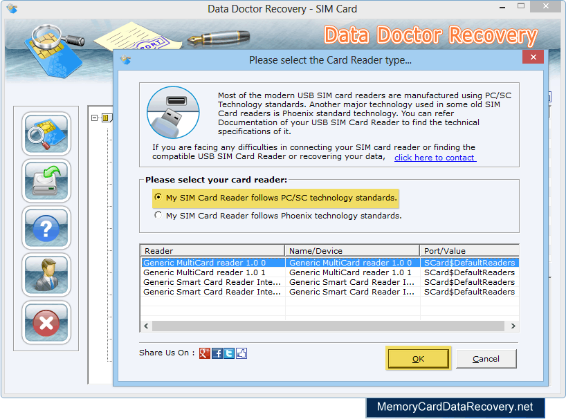 Select your card reader type